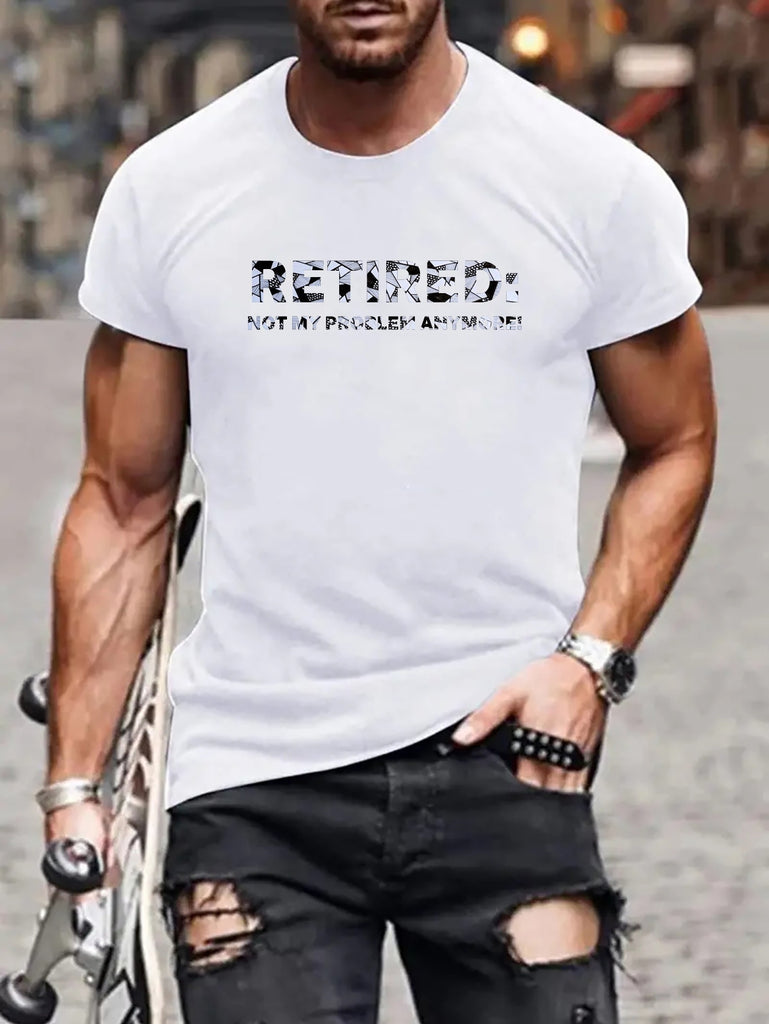 Plus Size Men's Summer T-shirt, Retired Problem Graphic Print Short Sleeve Tees, Trendy Casual Tops For Daily Life, Big & Tall