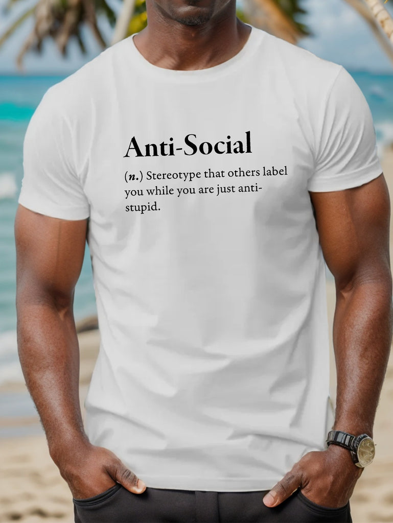 Anti Social Print, Men's Crew Neck Short Sleeve T-shirt, Stylish & Trendy & Cozy For Casual Summer Wear