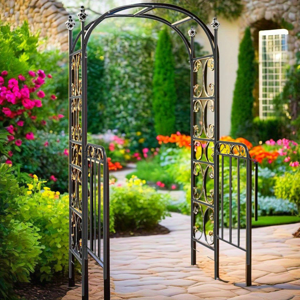 Elegant Black Steel Garden Arch with Gate - 108x45x235cm Outdoor Trellis for Climbing Plants & Flowers, Perfect for Patio Decor