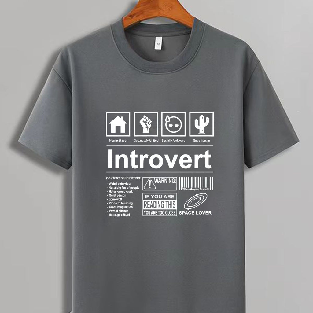 INTROVERT Creative Icons Warning Sign And Bar Code Graphic Print, Men's Crew Neck Short Sleeve T-shirt, Casual Comfy Fit Top For Summer