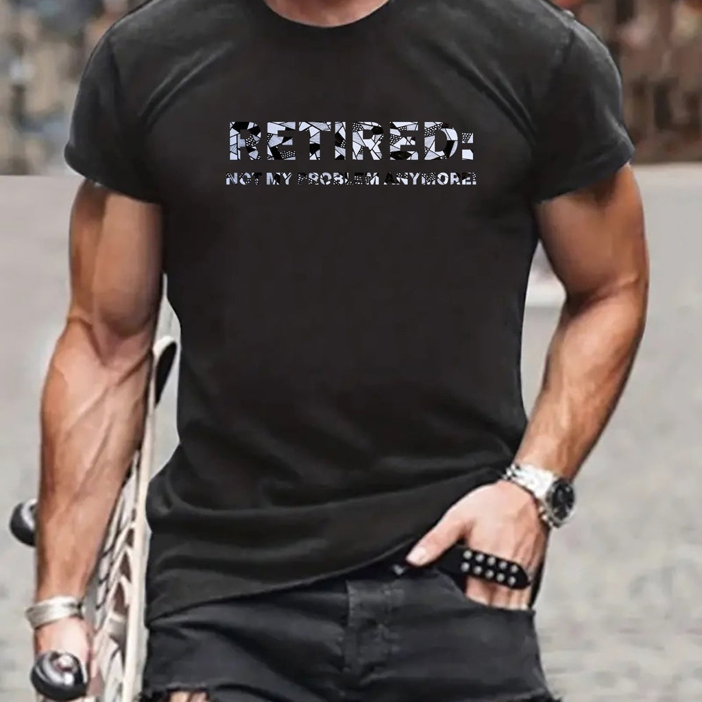 Plus Size Men's Summer T-shirt, Retired Problem Graphic Print Short Sleeve Tees, Trendy Casual Tops For Daily Life, Big & Tall
