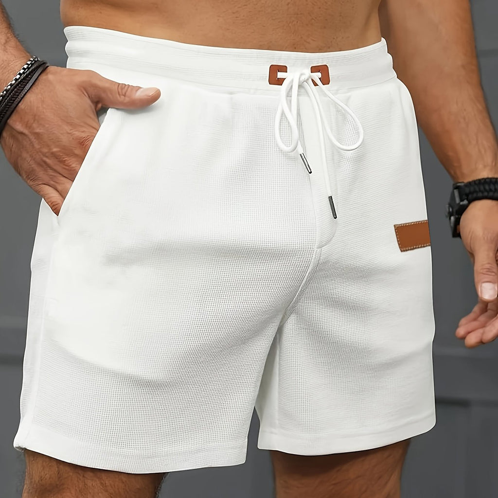 Men's Classic Solid Color Stretch Waffle-Knit Cotton Shorts with Drawstring & Pockets - Casual Summer Fashion