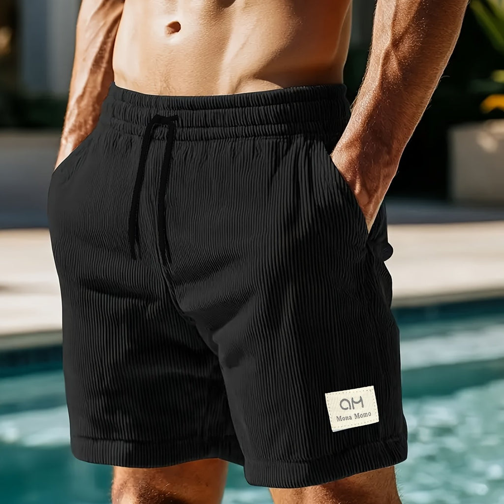 Summer Corduroy Men's Casual Shorts | Black, Elastic Waistband with Adjustable White Dots,[Corduroy Shorts]  Polyester Fabric, Drawstring