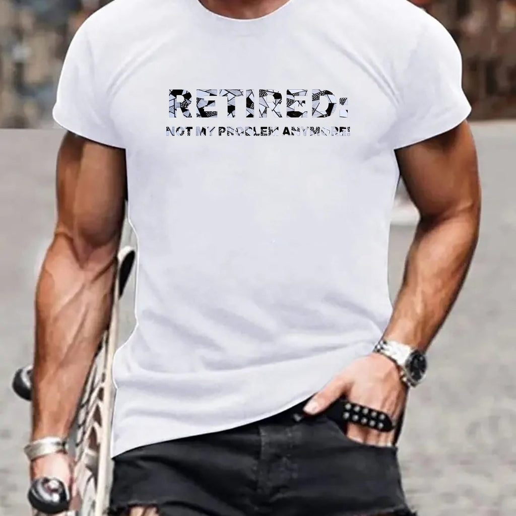 Plus Size Men's Summer T-shirt, Retired Problem Graphic Print Short Sleeve Tees, Trendy Casual Tops For Daily Life, Big & Tall
