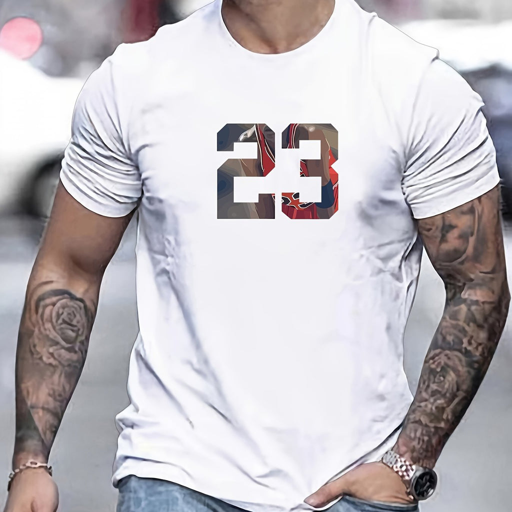 Men's Casual Crew Neck T-Shirt 100% Cotton Knit Fabric with 23 Graphic Print, Basic Solid Color, Slight Stretch, Summer Wear - Regular Fit