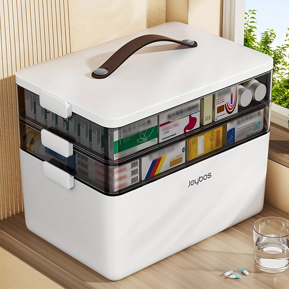 Quick Setup, Large 3-Tier Medicine Organizer with Handle - Portable First Aid Kit & Pill Case, Transparent Compartments for Easy Access, Ideal for Home Emergencies & Daily Use (White)