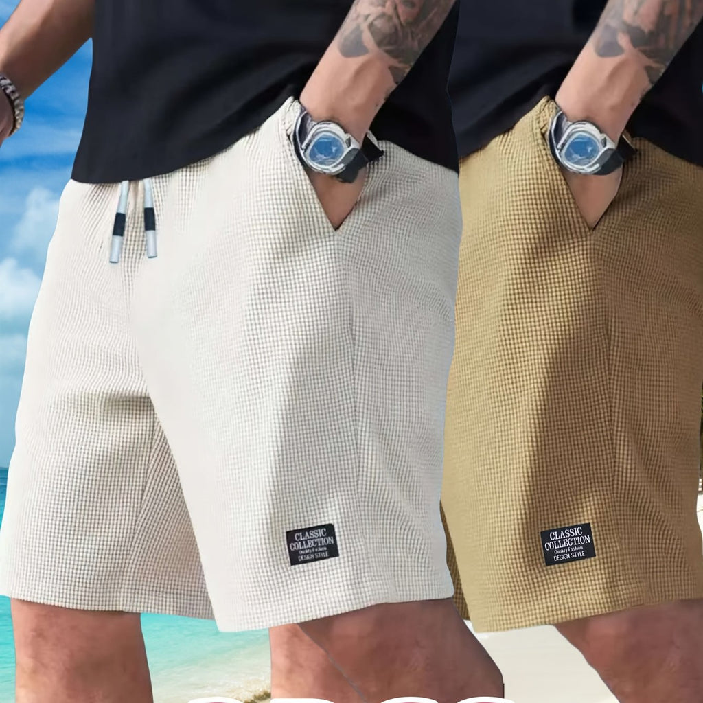 2pcs Men'S Lightweight Polyester Casual Shorts with Drawstring Waist - Breathable Textured Fabric, Pockets for Beach, Outdoor & Casual Attire - White & Beige, Regular Fit, Adjustable Comfort | Simple Design | Durable Fabric