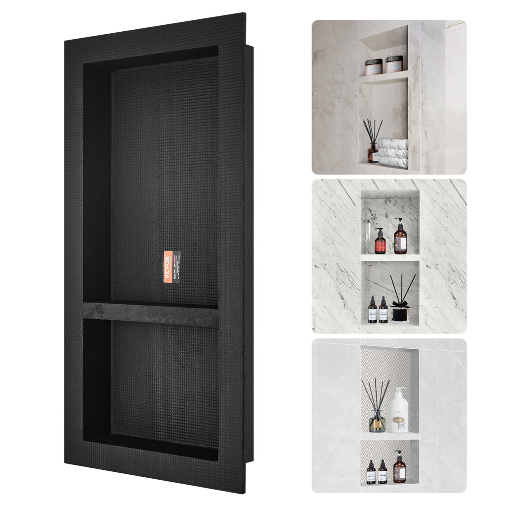 VEVOR Shower Niche Ready for Tile 40.64 X 81.28cm, Double Shelf Organizer, Square Corners Wall-inserted Niche Recessed, Sealed Protection Modern Soap Storage Niche for Shower Bathroom, Black