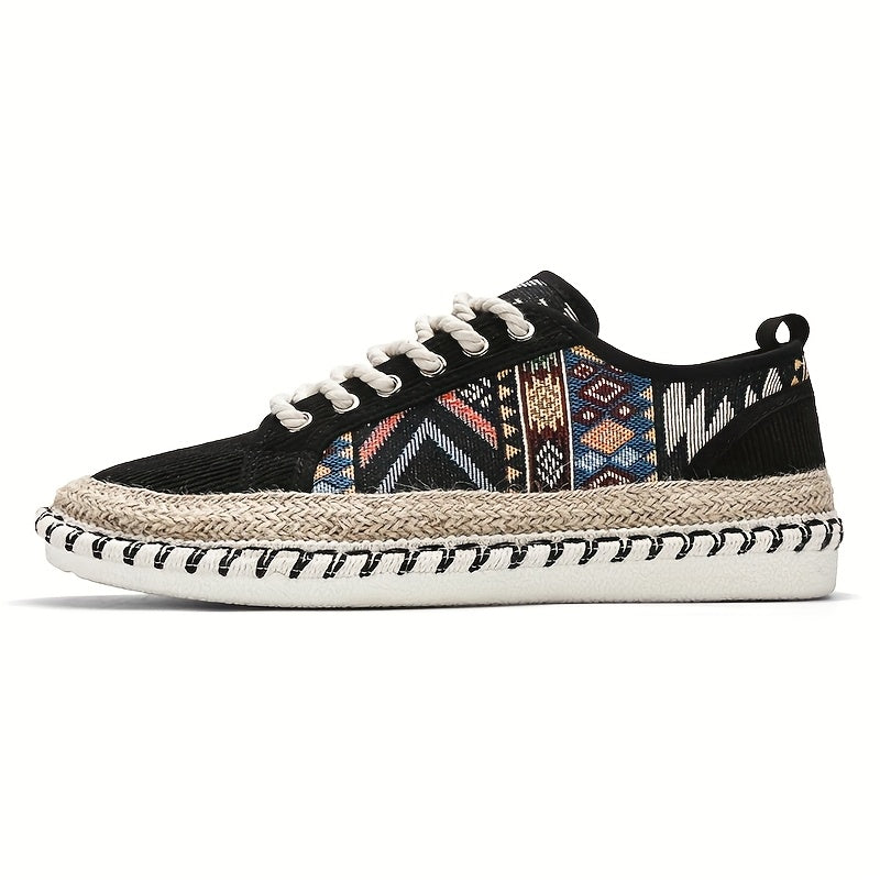 Men'S Bohemian Geometric Print Sneakers - Breathable Fabric Upper, Durable PVC Sole, Lace-Up Round Toe Design for All-Season Outdoor & Casual Wear, Hiking Shoes, Everyday Comfort Footwear, Traditional Ethnic Style, Non Slip F