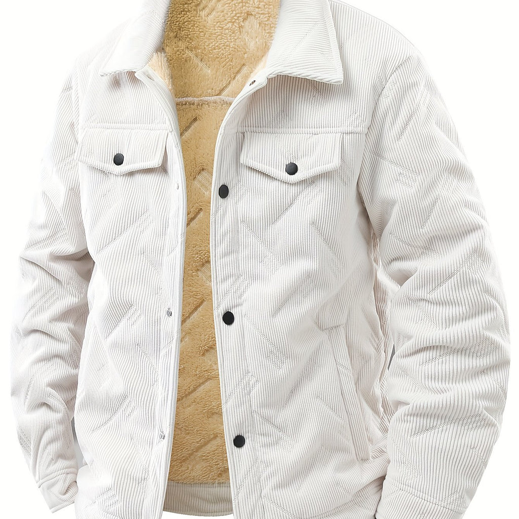 Men's Heavyweight Corduroy-Style Jacket with -Like Texture - Winter Warm Collar, Button Front & Pocket - Thick Coat for Office, Casual & Daily Commute (Hand Washable, -Filled)