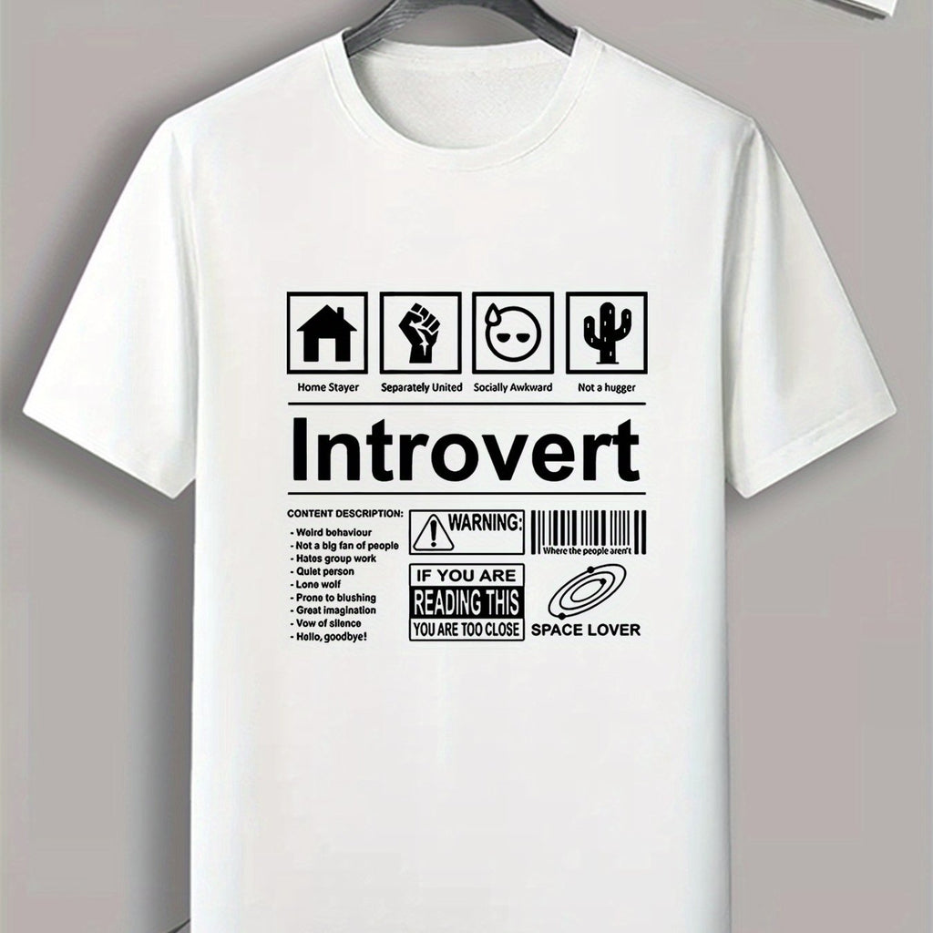 INTROVERT Creative Icons Warning Sign And Bar Code Graphic Print, Men's Crew Neck Short Sleeve T-shirt, Casual Comfy Fit Top For Summer