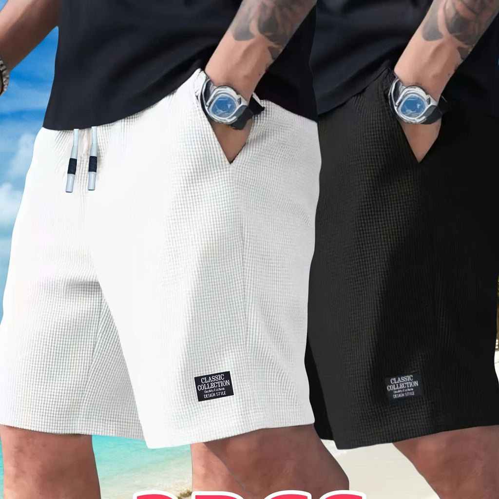 2pcs Men'S Lightweight Polyester Casual Shorts with Drawstring Waist - Breathable Textured Fabric, Pockets for Beach, Outdoor & Casual Attire - White & Beige, Regular Fit, Adjustable Comfort | Simple Design | Durable Fabric