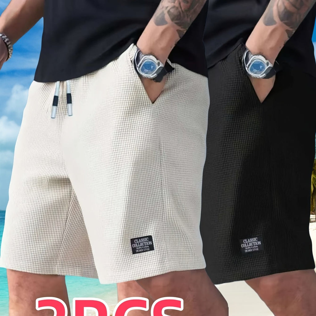 2pcs Men'S Lightweight Polyester Casual Shorts with Drawstring Waist - Breathable Textured Fabric, Pockets for Beach, Outdoor & Casual Attire - White & Beige, Regular Fit, Adjustable Comfort | Simple Design | Durable Fabric