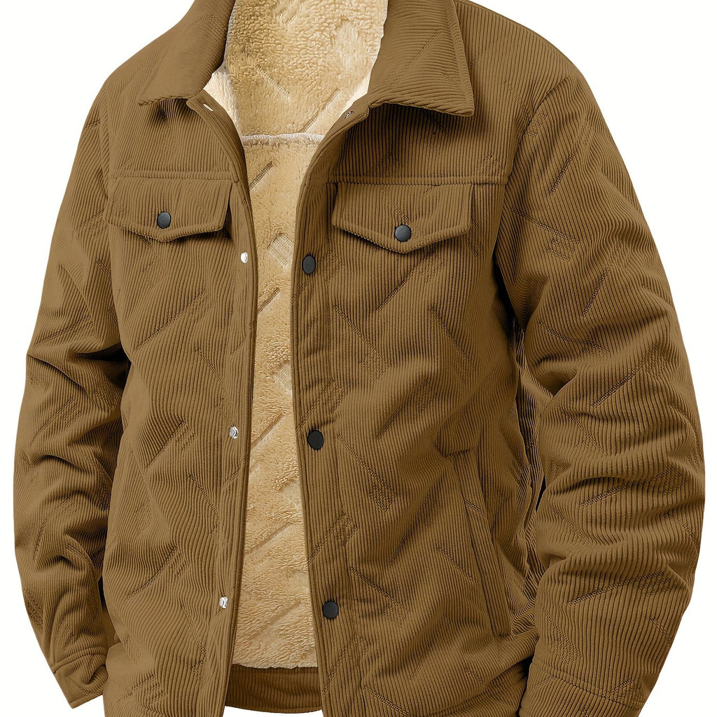 Men's Heavyweight Corduroy-Style Jacket with -Like Texture - Winter Warm Collar, Button Front & Pocket - Thick Coat for Office, Casual & Daily Commute (Hand Washable, -Filled)