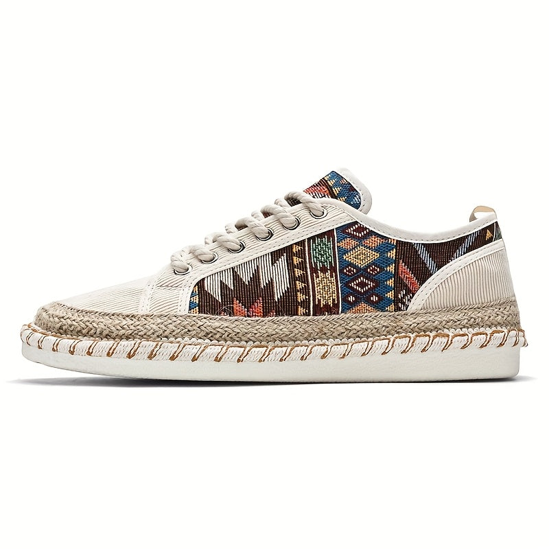Men'S Bohemian Geometric Print Sneakers - Breathable Fabric Upper, Durable PVC Sole, Lace-Up Round Toe Design for All-Season Outdoor & Casual Wear, Hiking Shoes, Everyday Comfort Footwear, Traditional Ethnic Style, Non Slip F