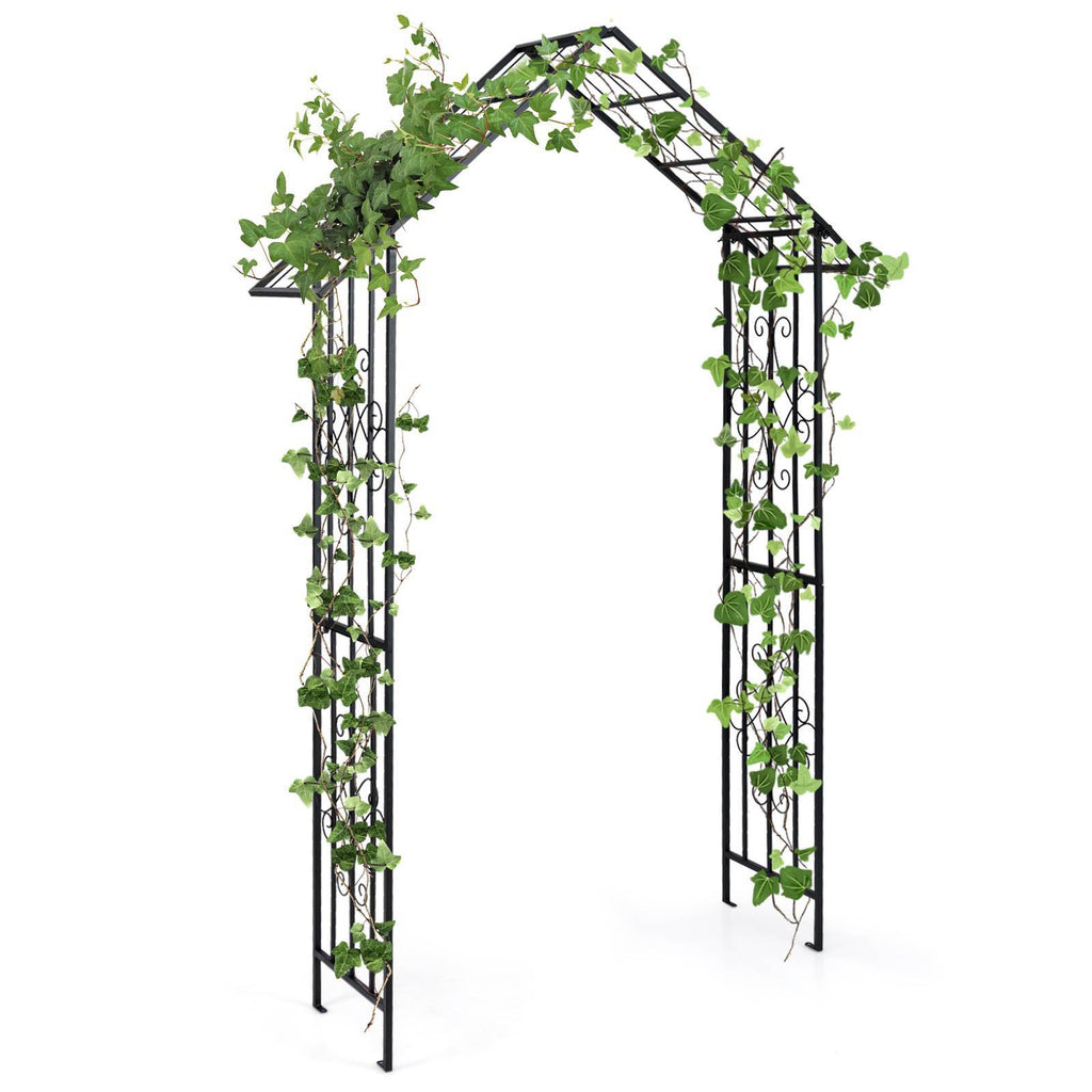 Elegant Black Metal Garden Arch with Wrought Iron Gate - Versatile Outdoor Trellis for Climbing Plants, Weddings & Parties