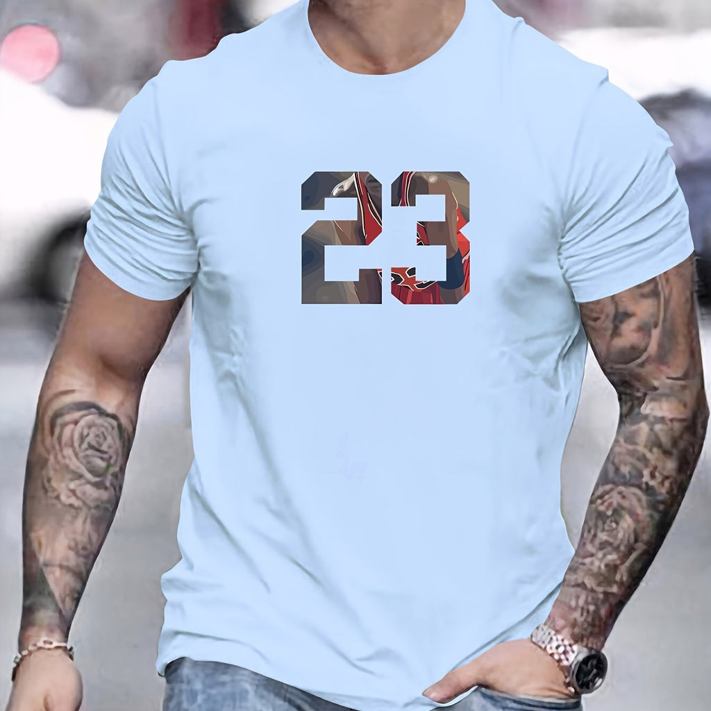 Men's Casual Crew Neck T-Shirt 100% Cotton Knit Fabric with 23 Graphic Print, Basic Solid Color, Slight Stretch, Summer Wear - Regular Fit