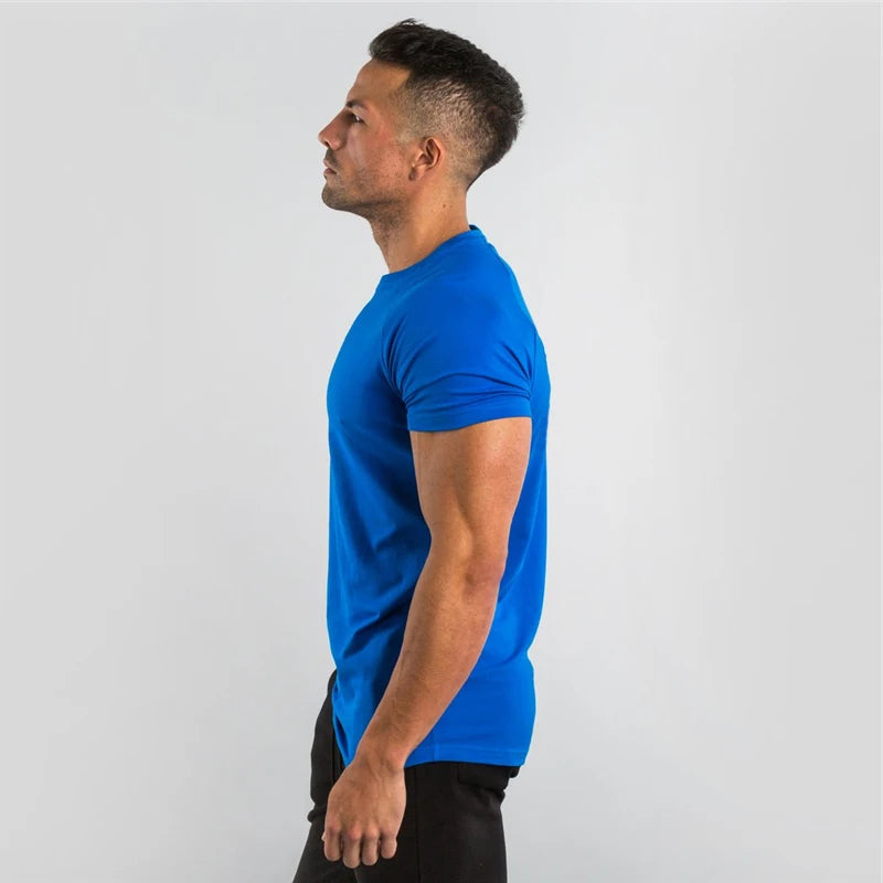 Summer Solid Cotton Short Sleeve T-Shirt Men Gym Clothing Fashion Plain Tight Tops Tees Sports Bodybuilding Fitness T shirt Men