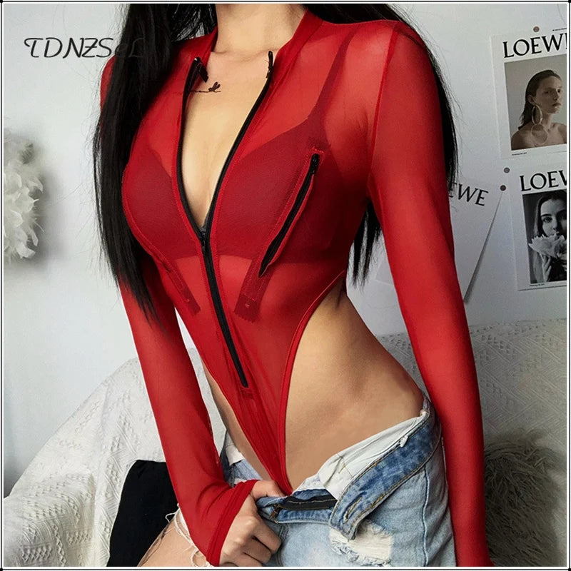 Women Long Sleeve Sheer Mesh Bodysuit Sexy Streetwear Transparent See Through Playsuit Club Romper 2020 Exotic Party Jumpsuits