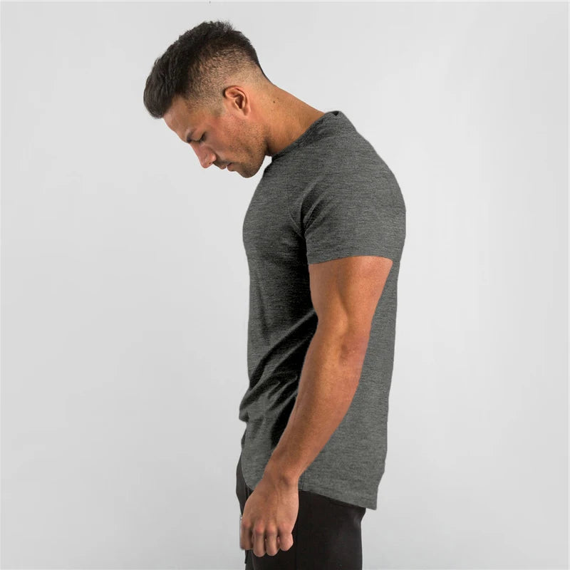 Summer Solid Cotton Short Sleeve T-Shirt Men Gym Clothing Fashion Plain Tight Tops Tees Sports Bodybuilding Fitness T shirt Men