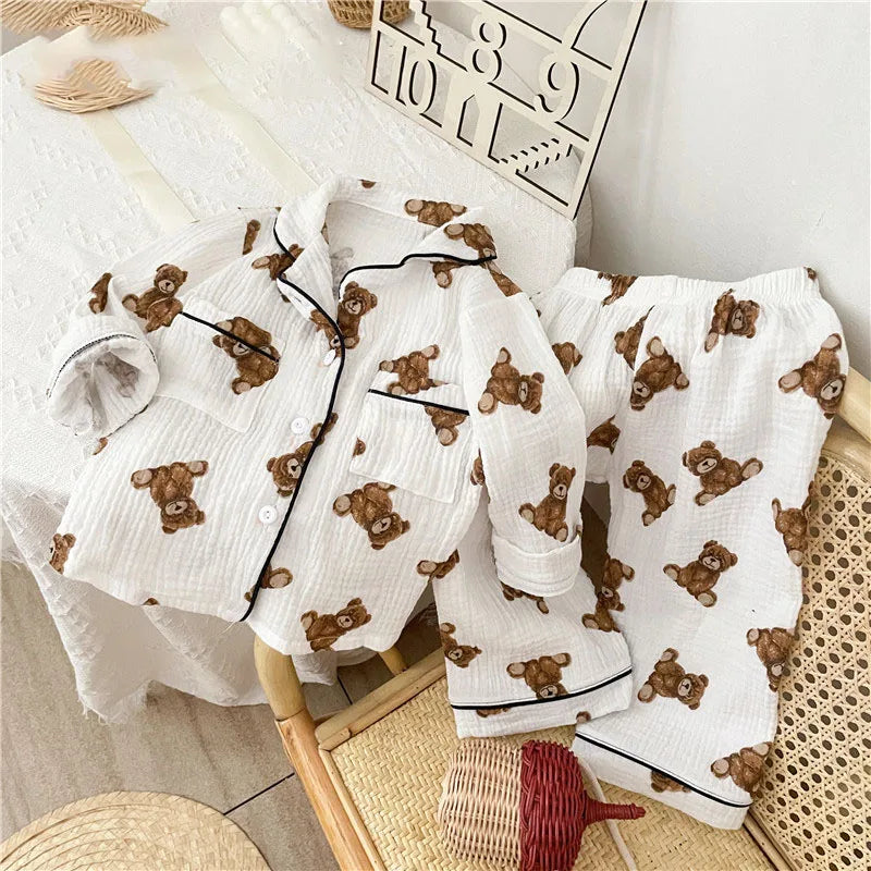 2Pcs Cotton Yarn Kids Full Bear Pajamas Set Soft Beathable Cardigan And Pants Home Sleepwear Outfit