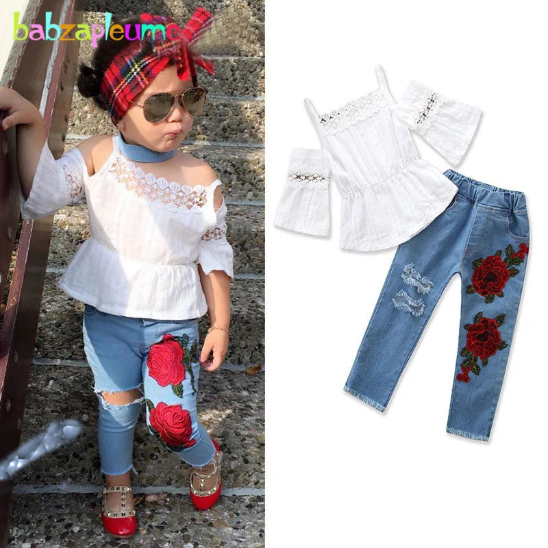 2 Piece Set Summer Kids Clothes Girl Toddler Boutique Outfits Fashion White Baby Tops+Flower Hole Jeans Children Clothing BC1731