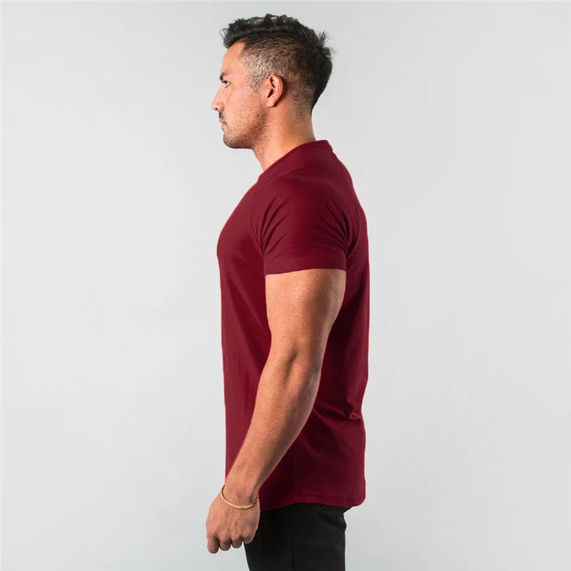 Summer Solid Cotton Short Sleeve T-Shirt Men Gym Clothing Fashion Plain Tight Tops Tees Sports Bodybuilding Fitness T shirt Men