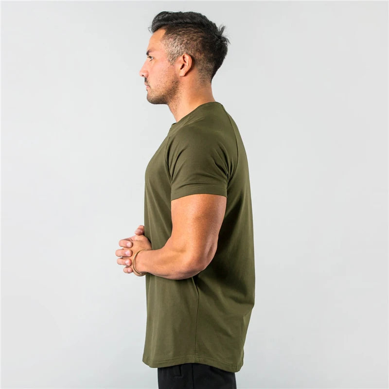 Summer Solid Cotton Short Sleeve T-Shirt Men Gym Clothing Fashion Plain Tight Tops Tees Sports Bodybuilding Fitness T shirt Men