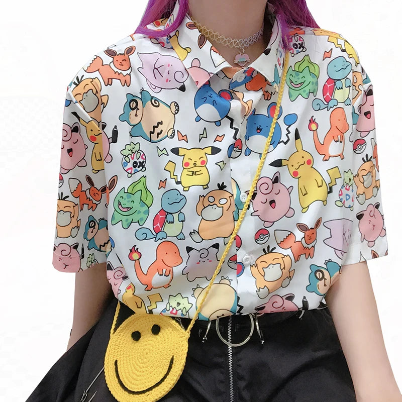 2024 New Summer Kawaii Blouse Woman Harajuku Cute Retro Cartoon Animal Print Blusas Female Tops Hip Hop y2k Chiffon Shirts Mujer