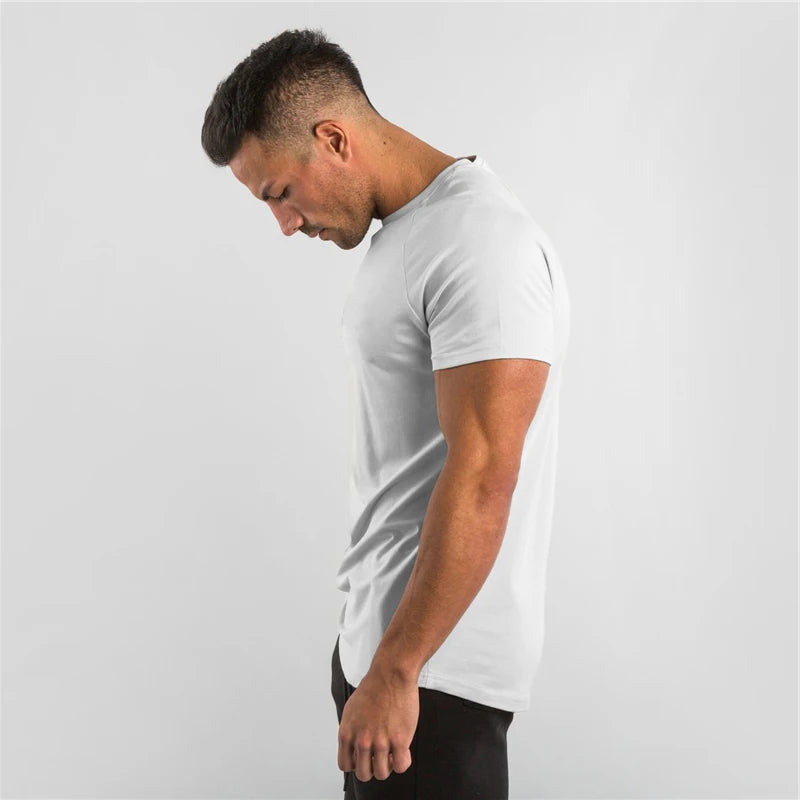 Summer Solid Cotton Short Sleeve T-Shirt Men Gym Clothing Fashion Plain Tight Tops Tees Sports Bodybuilding Fitness T shirt Men