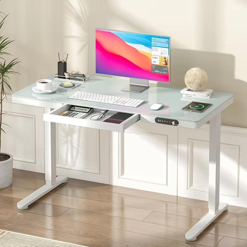 Electric Standing Desk with Glass Desktop and Drawer