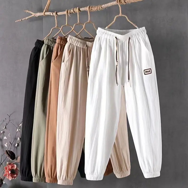 Women's Clothing Summer Trendy Appliques Simple Sports Cotton Linen Harem Pants Female Casual Solid High Waist Loose Sweatpants