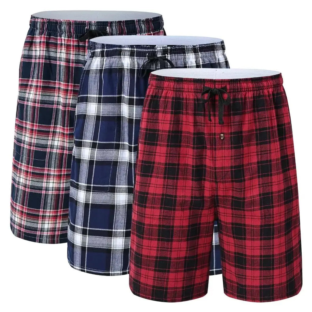 3Pcs 100% Cotton Pajama Sleeping Pants, Men Plaid Elastic Waist Cozy Sleeping Shorts, Cozy & Soft Homewear Plaid Pants Set