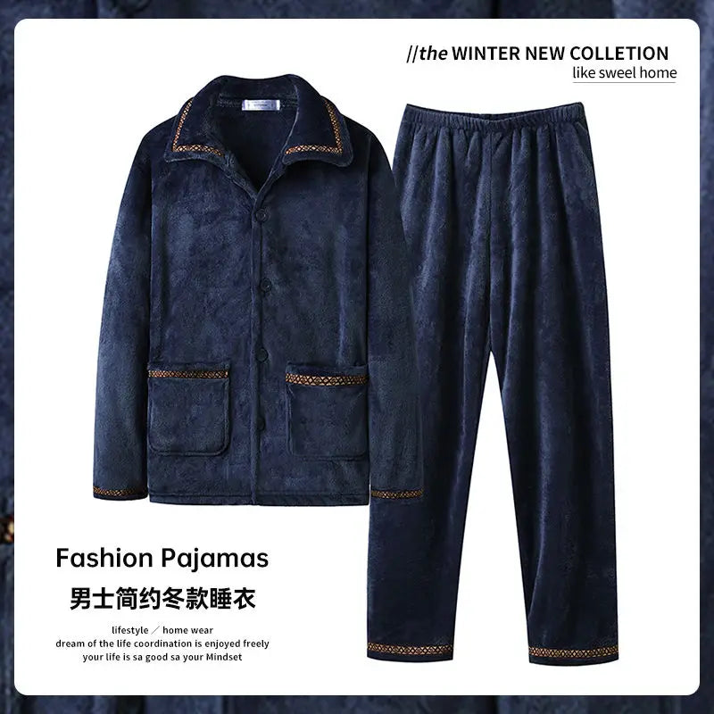 Autumn and Winter Men's Coral Velvet Pajamas Autumn and Winter Thickened Fleece Warm Flannel Home Suit Set