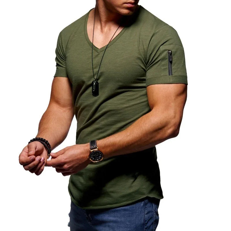 Summer Top Quality Hip Hop T Shirt Men Solid Color Design V-neck T-shirt Casual Classic Men's Clothing Tops Tee Shirt Men
