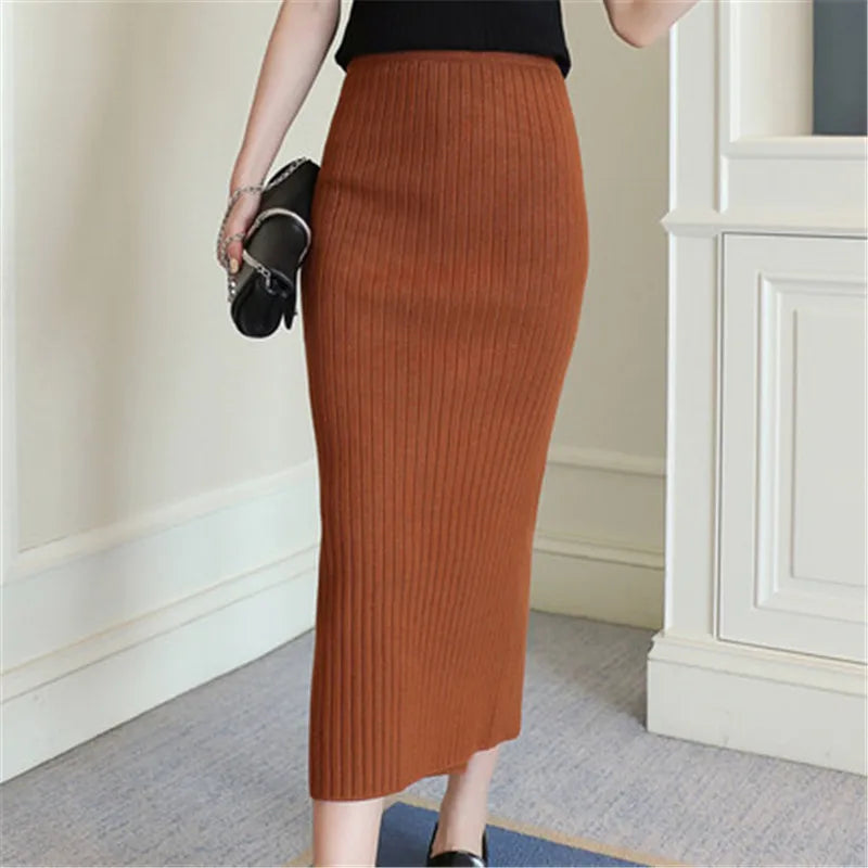 Woolen Skirts for Women Long Faldas Largas Knitted Saias Midi Slim Office Jupe Femme Pencil Skirt Black Ropa Mujer