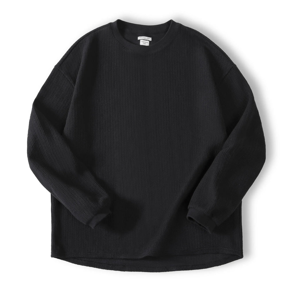 Maden Black Crew Neck Sweater for Men Loose-fit Knitted Hoodie Autumn Casual Drop-shoulder Sleeve Pullover Stretch Ribbed Collar