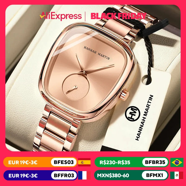 New Women's Quartz Wristwatch 34mm Wine Barrel Rose Gold Black Stopwatch Fashionable