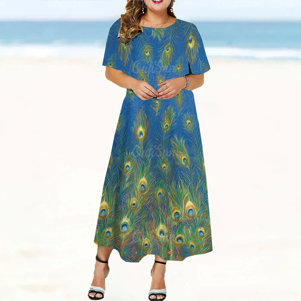 2024 New Design Women's Dresses Peacock Feather Print Midi Dresses Elegant Plus Size Female Short Sleeve Dress Fashion Summer