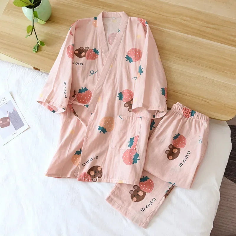 2024 new seven-sleeve Japanese-style kimono pajamas set female spring and autumn 100% cotton gauze home clothes cute sweet two-p