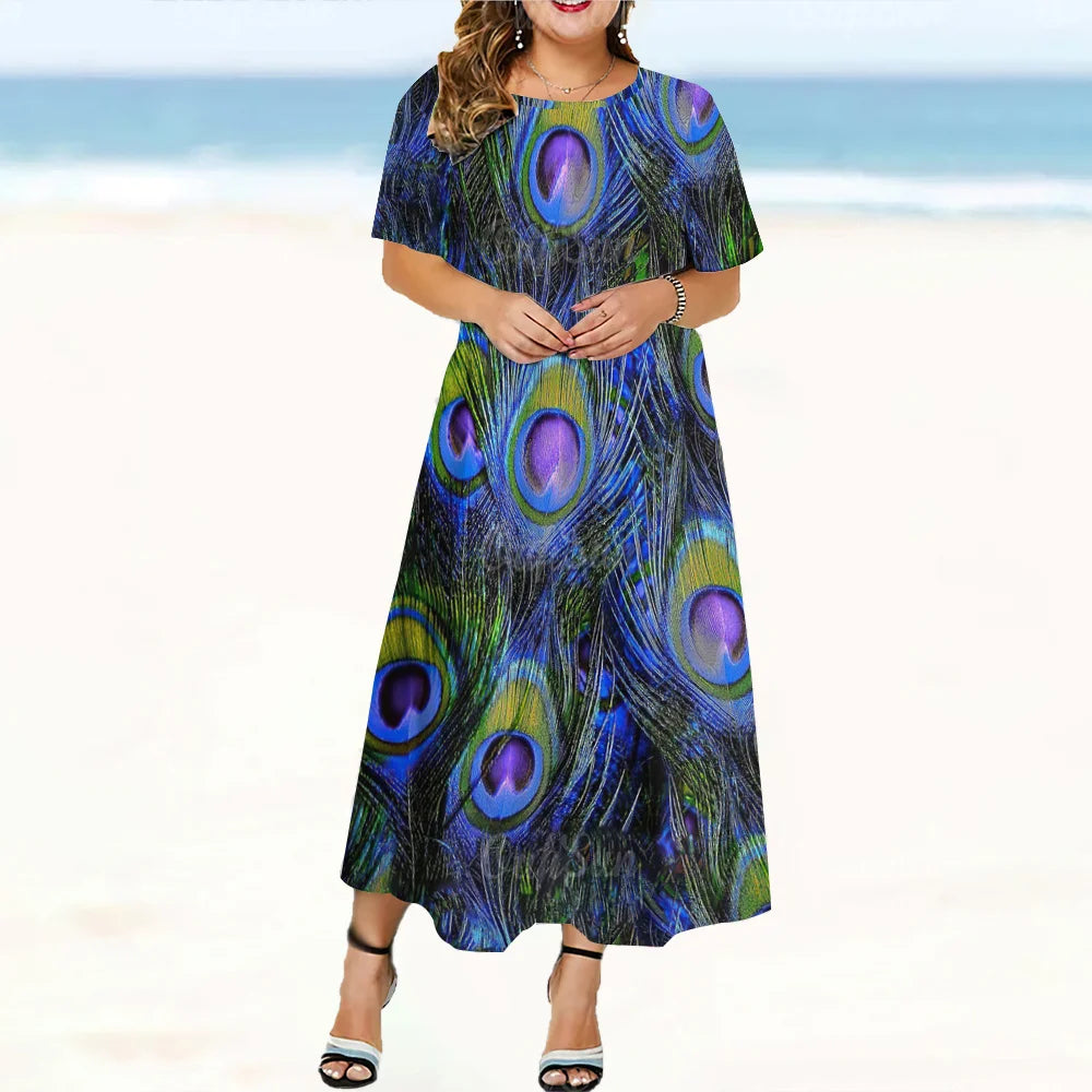 2024 New Design Women's Dresses Peacock Feather Print Midi Dresses Elegant Plus Size Female Short Sleeve Dress Fashion Summer