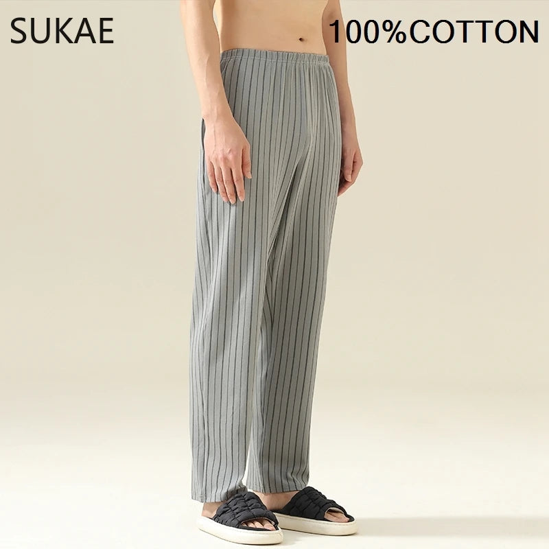 SUKAE 100% Cotton Mens Sleep Bottoms Autumn Spring Male Full Pants HQ Plaid Pj Pants for Boy Sleeping Long Lingerie for Man