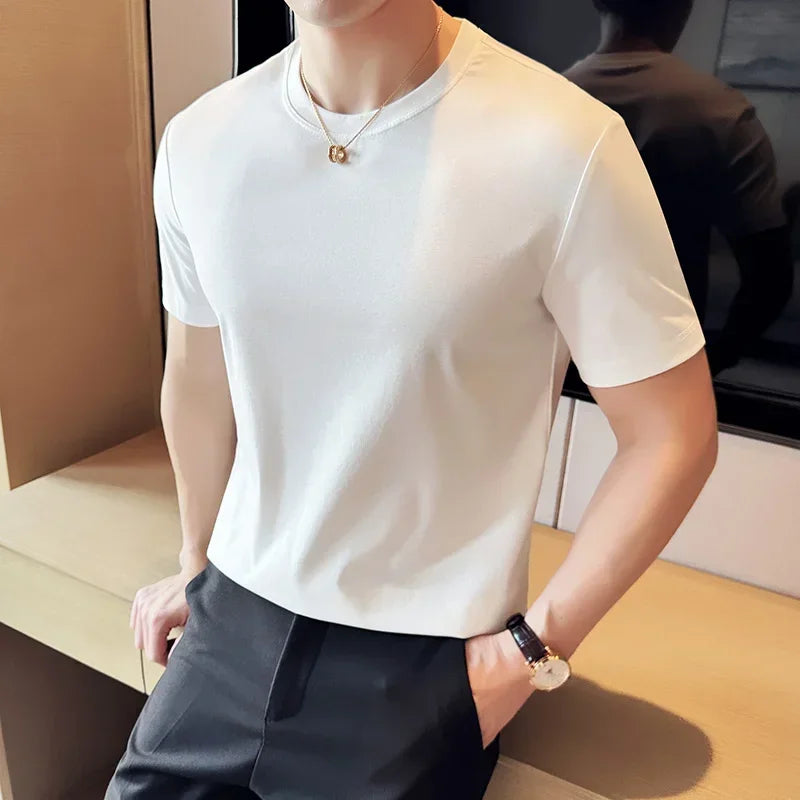 Mens T-shirt 2024 Summer New Thin Ice Silk Pure Cotton Top Round Neck T-shirt Sports Fitness Running Casual Mens Clothing