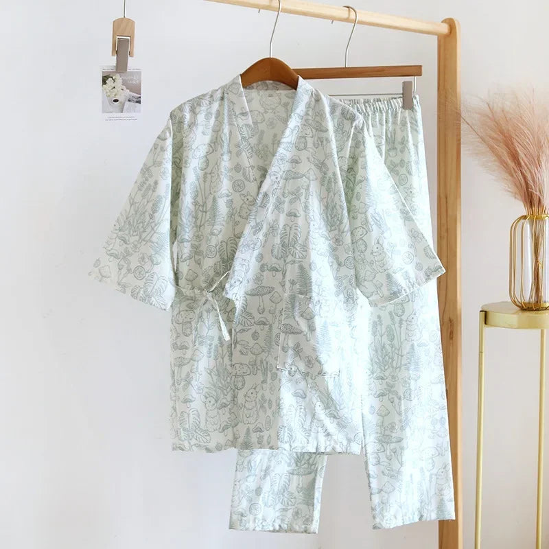 2024 new seven-sleeve Japanese-style kimono pajamas set female spring and autumn 100% cotton gauze home clothes cute sweet two-p