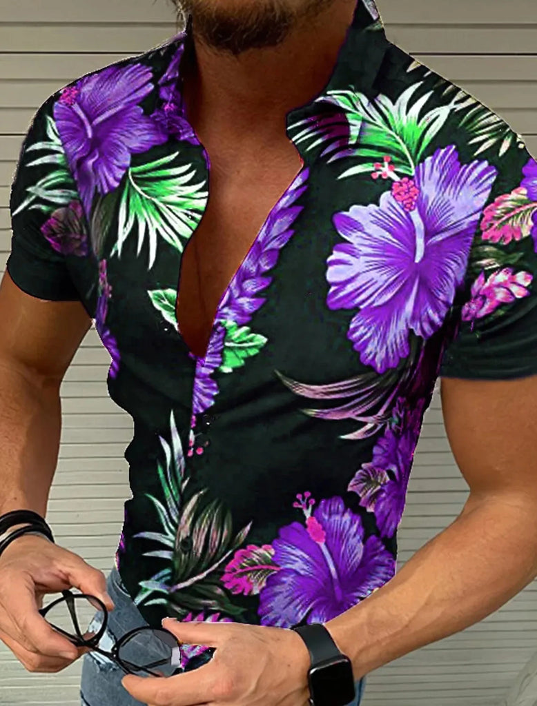 Men's New Flower Shirt Street Fashion Mature Men's Tops Maple Leaf Print Pattern Hawaiian Shirt Short Sleeve Casual Comfortable