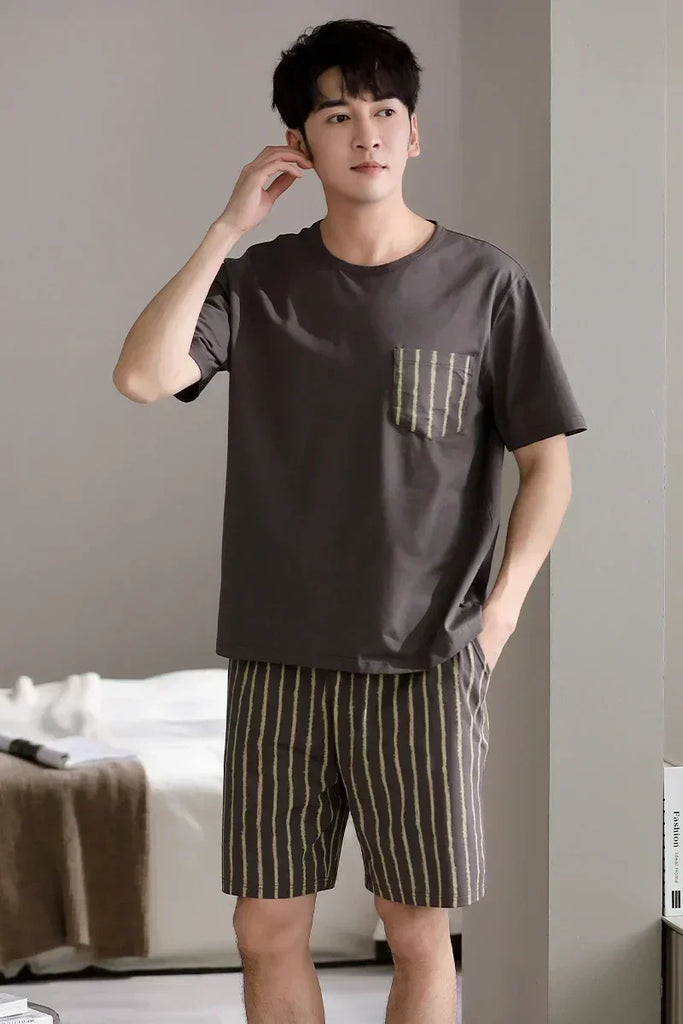 Sleepwear Set for Man Summer 2023 New Knitted Cotton Lounge Wear V Neck Leisure Home Suit Plus Size 4xl Two Piece Pajama Set Men