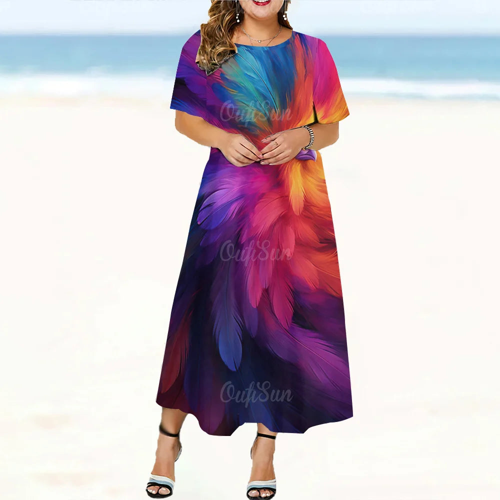 2024 New Design Women's Dresses Peacock Feather Print Midi Dresses Elegant Plus Size Female Short Sleeve Dress Fashion Summer