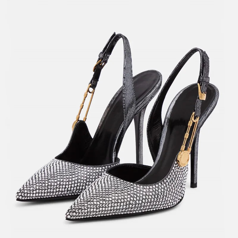 Luxury Rhinestones Sequined Buckle Women Pumps Elegant Pointed toe Slingbacks Stiletto High heels Summer Fashion Shoes