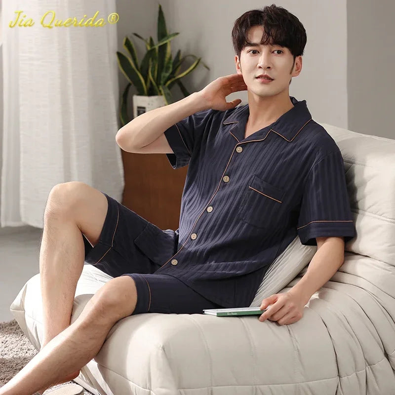 SUKAE Men Nightwear Home Clothing Summer Shorts Two Pieces Cotton Big Size 3xl 4xl Pajama V Neck Japanese Kimono Pjs Sleepwear