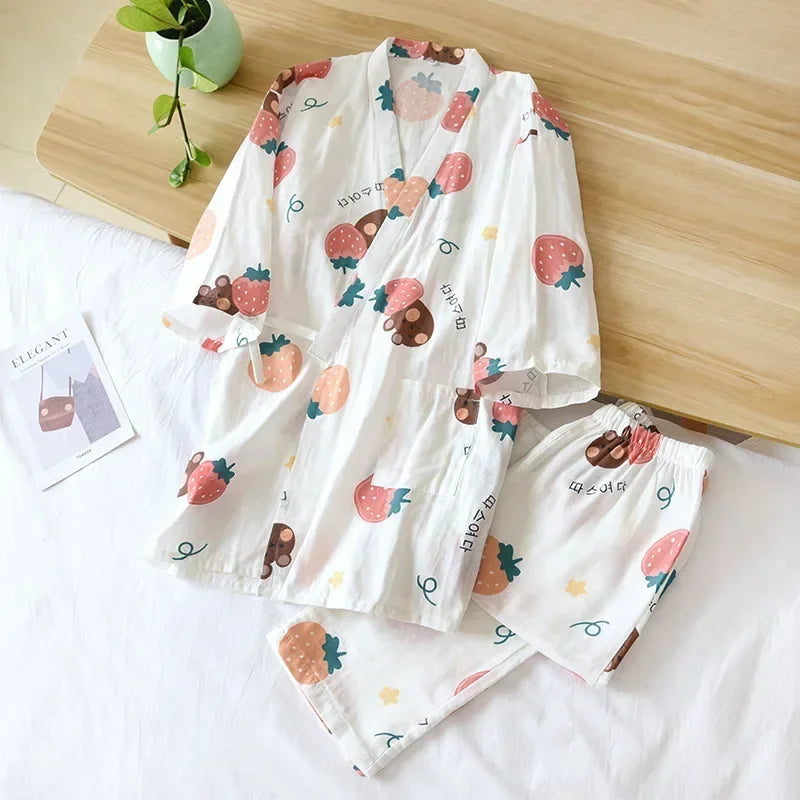 2024 new seven-sleeve Japanese-style kimono pajamas set female spring and autumn 100% cotton gauze home clothes cute sweet two-p